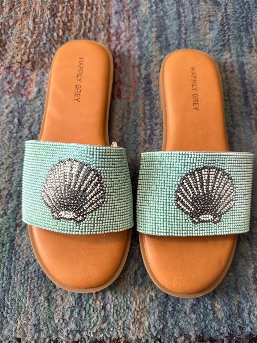 Happily Grey Mint Beaded Shell Slide Sandals